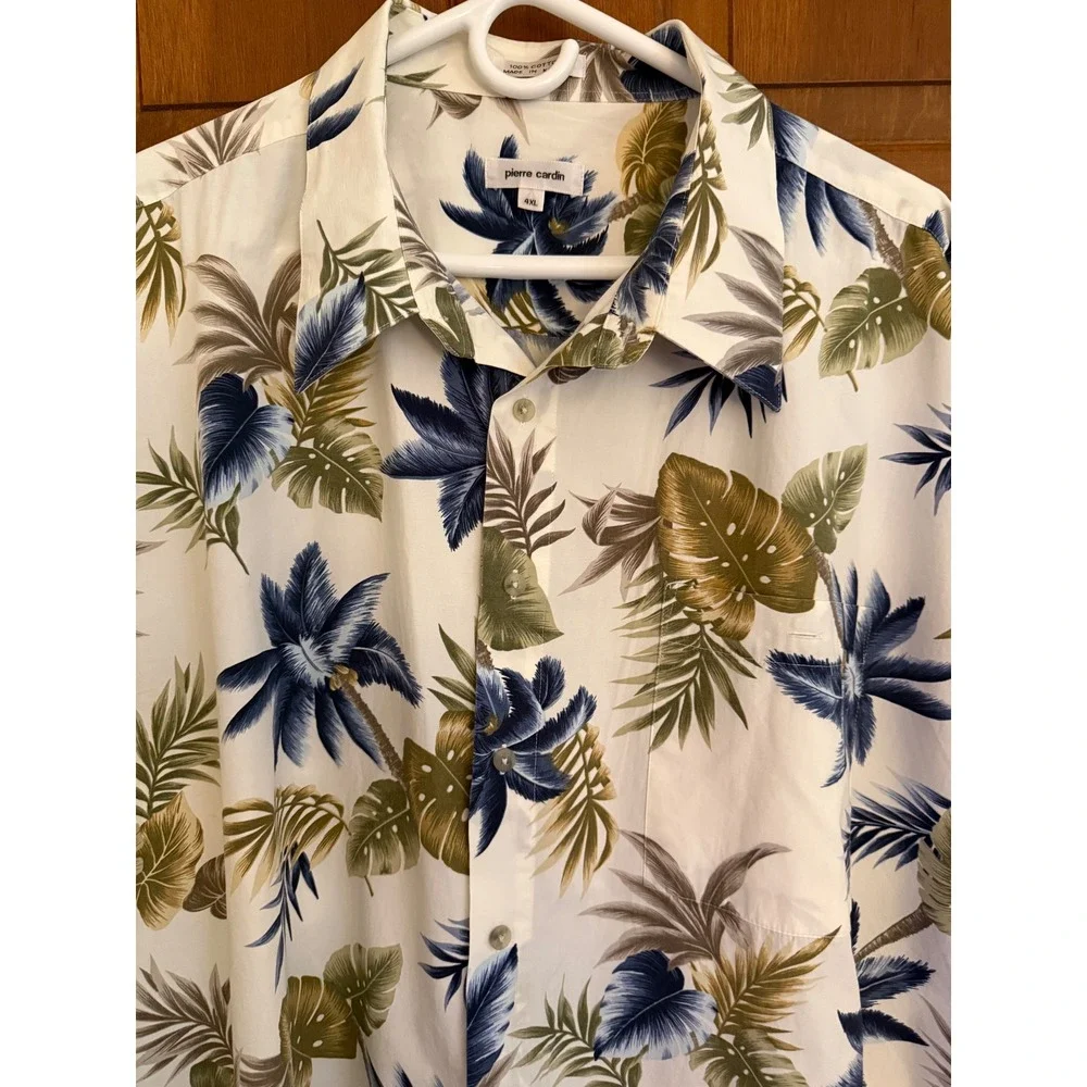 Pierre Cardin Mens Tropical Camp Shirt Size 4XL Cream Short Sleeve Button Down